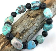 Blue Turquoise Bracelet Rough Nugget/Lava Beads Healing Gemstone Stretch Kingman