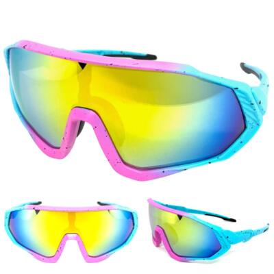Oversized RETRO SPORTY WRAP AROUND Shield SUN GLASSES Big Baby Blue & Pink Frame