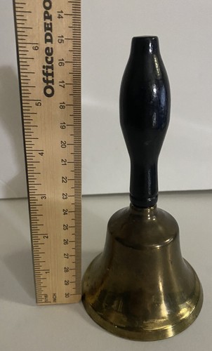 Vintage Old Brass Home Decor Table Wood Handle School Bell 6” Tall - Picture 7 of 8