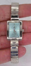 Ladies Quartz Dress Watch Silver Tone Expanding Bracelet Blue Rectangle Dial