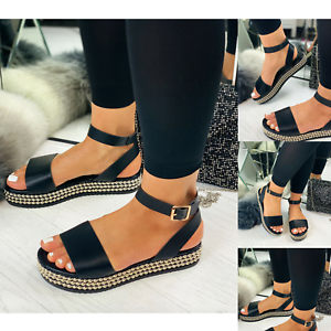 Womens Platform Sandals Studs Ankle Strap Wedges Espadrille Summer Shoes 3-8