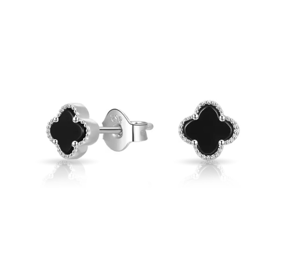 Solid Sterling Silver Cluster Leaf Earrings Black Onyx 925