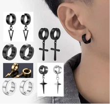 2 pair Stainless Steel Non-Piercing Clip on Men Women Ear Stud Cuff Hoop Earring