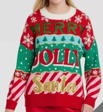 33 Degrees Merry Jolly Santa Ugly Christmas Sweater Sequins Glitter Womens Sz XL