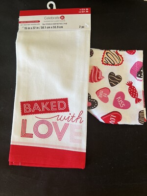 BAKED WITH LOVE Tea Towels 2 Pc Set Hearts Red & White Valentines Day 15 x 22 in