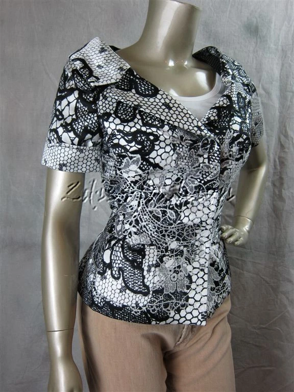 OFF WHITE $1695 Nuovo TULEH nero bianco sporco pizzo floreale stampa artistica aderente top giacca seta 8