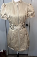 Vintage Bebe Champagne Satin Zip-Front Mini Dress Women Med Embellished Belt Y2K