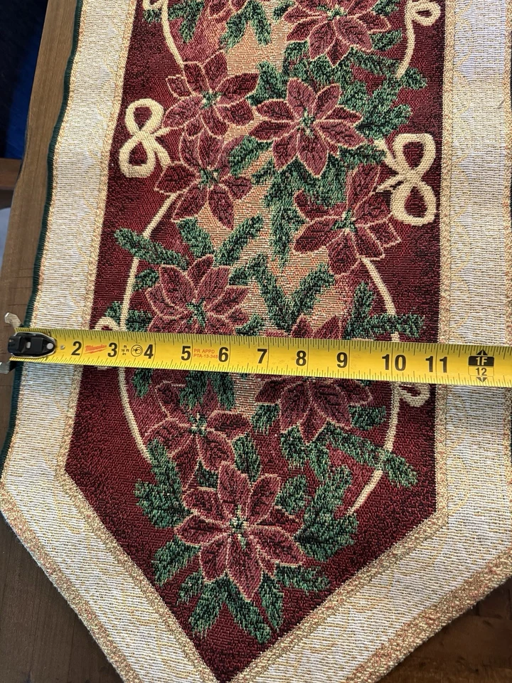 圣诞花 Poinsettia 挂毯 桌旗 流苏 红色 绿色 金色 70x13” — 第 2/4 张图片
