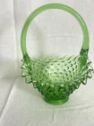 Vintage Fenton Emerald Green Hobnail Basket 8" Tall