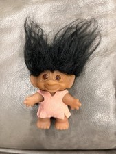 Vtg. Thomas Dam Norfin 3-In Troll Black Hair Amber Eyes Pink Felt Dress