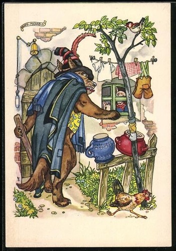 Ansichtskarte Indanthren-Reklame f. Stoffe, Der Wolf und die 7 Geißlein