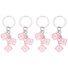 4pcs Lucky Dice Keychain Charm, Resin Dice Keyrings with 3 Pendants, Pink