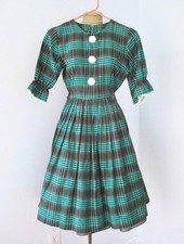 Vtg 50s Rockabilly Turquoise Brown Plaid Cotton Shirtwaist Swing Dress Jr XS/S