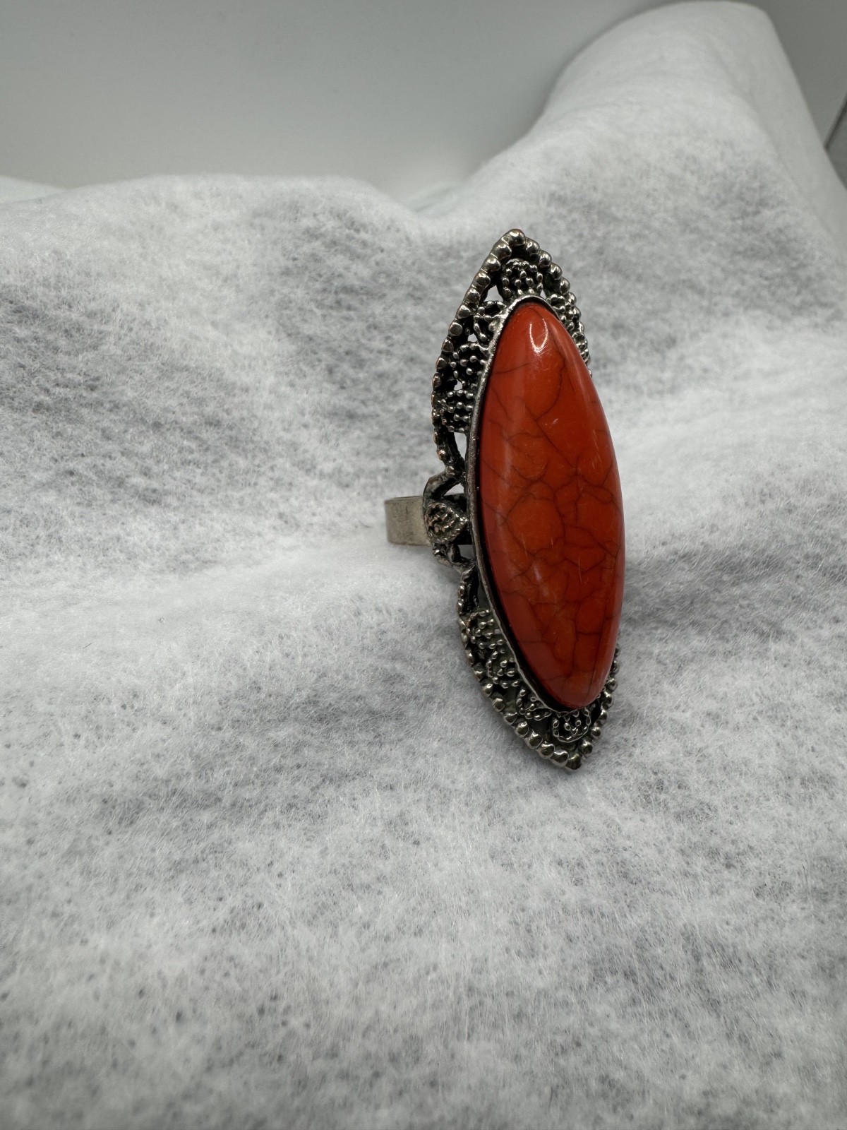 Red Agate Statement Ring Adjustable Silver Tone G… - image 2