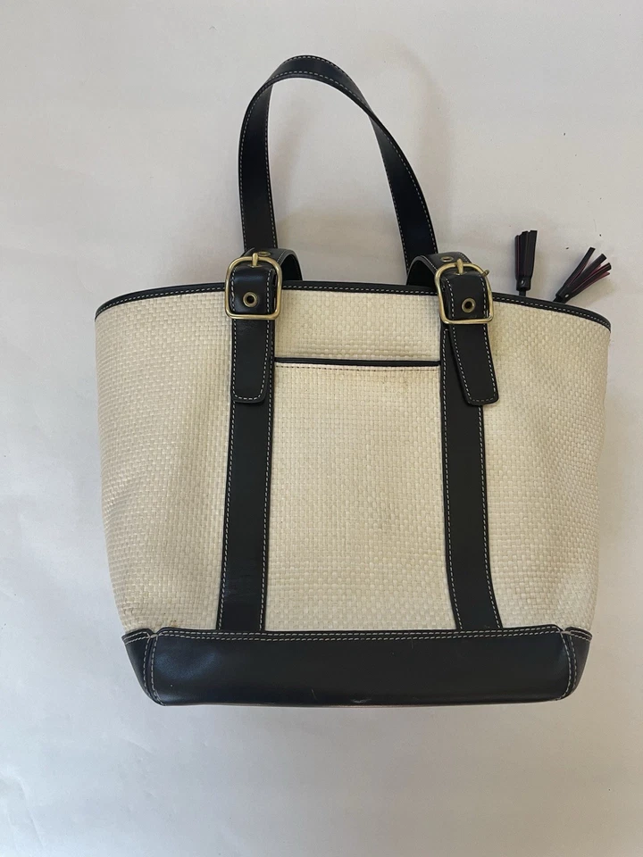 Bolso de Mano Coach Marfil Paja Cuero Negro Borde Doble Asas - De Colección Foto 3 de 4