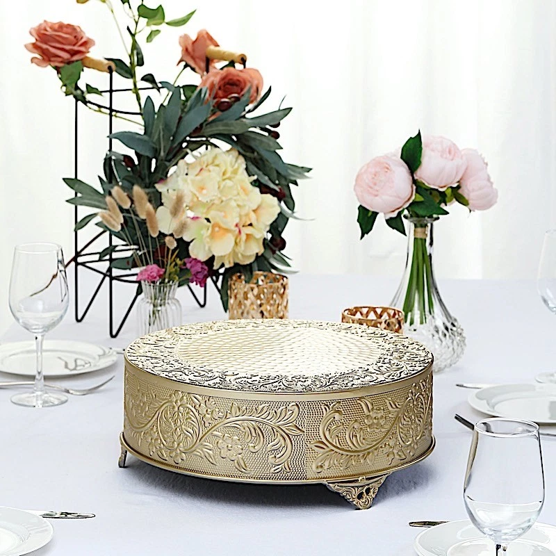 GOLD 14" wide Round Floral Embossed Cake Stand Cupcake Display Wedding Party - Image 2 of 4