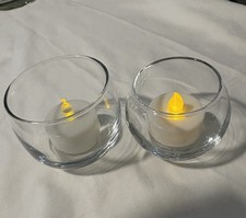 Set of 2 Clear Glass Votive Candle Holders w LED Tea Lights Mismatched Sizes