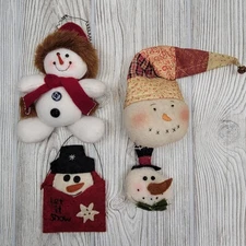 4 Primitive Snowman Ornaments Fabric Hanging Decorations Christmas Tree Holiday