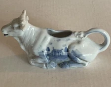 Vintage Laying Down White Cow Creamer Milk W/ Blue Farmhouse Porcelain Germany