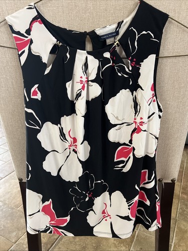 Women's Tommy Hilfiger Stretch Sleeveless Floral Blouse Top Black Pink L