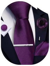 Solid Color Ties for Men Silk Satin Necktie and Pocket Square Cufflinks Plum