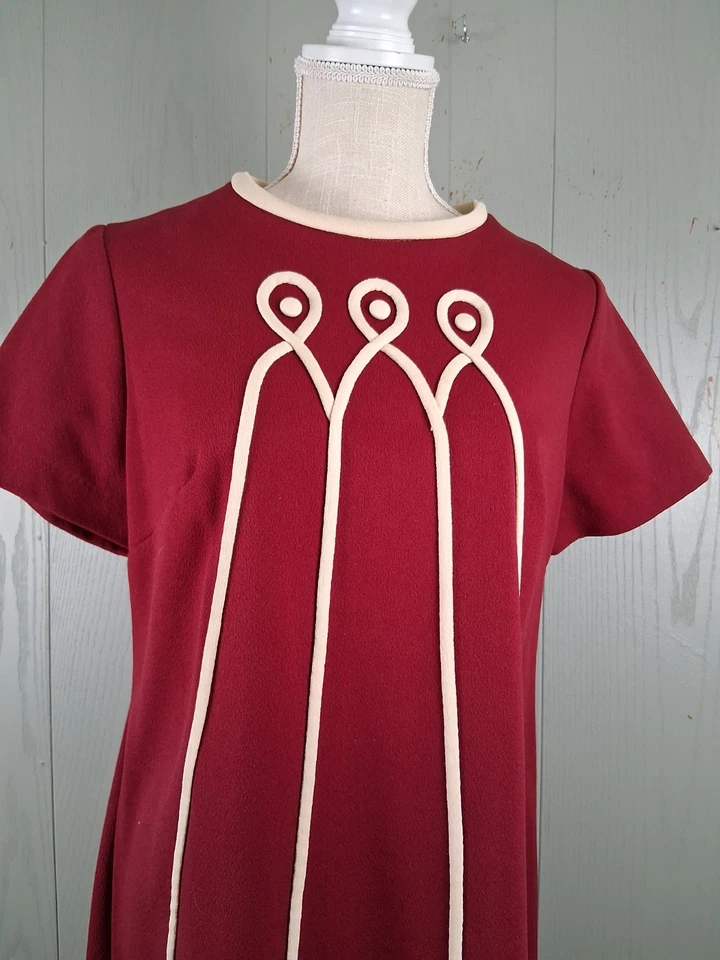 Vintage 60s Polyester Red Dress Below Knee Embroidered MOD Short Sleeve Party - Image 2 of 4