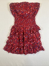 Patrons of Peace Red Ditsy Floral Strapless Smock Waist Tiered Ruffle Dress S