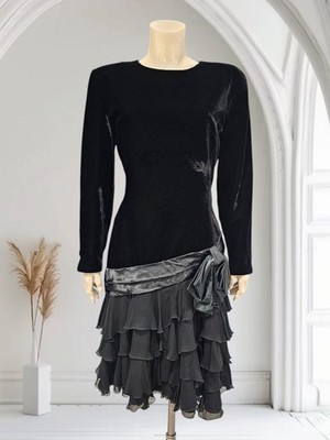 Vtg 80s 90s MONDI Black Velvet Drop Waist Tiered Ruffled Skirt Bow Dress M/L
