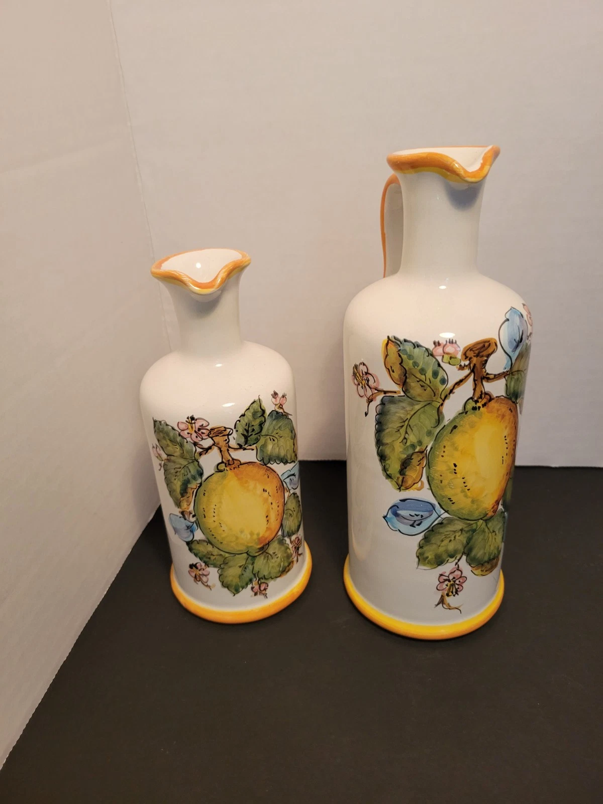 Rampini Radda Italy Ceramic Oil Vinegar Bottles Set, Hand Painted Lemons