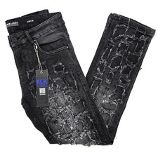 Black Light Men Jean Stretch Slim Straight Flare Fit Black Denim with Rhinestone