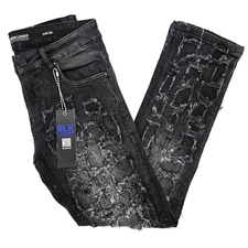 Black Light Men Jean Stretch Slim Straight Flare Fit Black Denim with Rhinestone