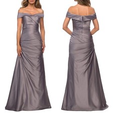 NEW LA FEMME Platinum OFF THE SHOULDER Ruched SATIN Trumpet EVENING GOWN 18