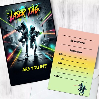 Lasertag NEU Einladungen Geburtstag Party Einladungen Laser & Umschläge AUFSCHREIBEN