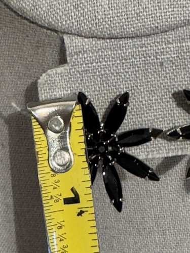 Orecchini Vintage Fiori Cristallo Baguette Nero Tono Argento Clip On - Foto 11 di 11