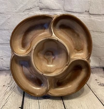 Vintage FRANKOMA Pottery 818 Chip Dip Relish  Divided Dish Chocolate Caramel ￼