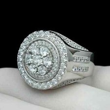 Men's 3Ct Round Cut Real Moissanite Cluster Wedding Ring 14K White Gold Plated