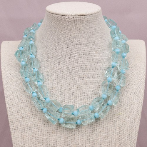 18'' 2 Rows Aquamarine Blue Natural Glass Quartz Rough Nugget Crystal Necklace - Picture 2 of 8