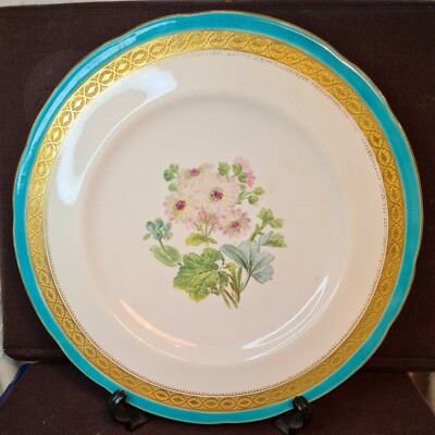 Antiker Mintons Teller 19. bemalt erhaben Gold Celeste blau & Blumen um 1862 #2.
