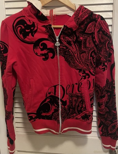 Dereon Zipper Hoodie Sweater Y2K Red Black Velvet Size M