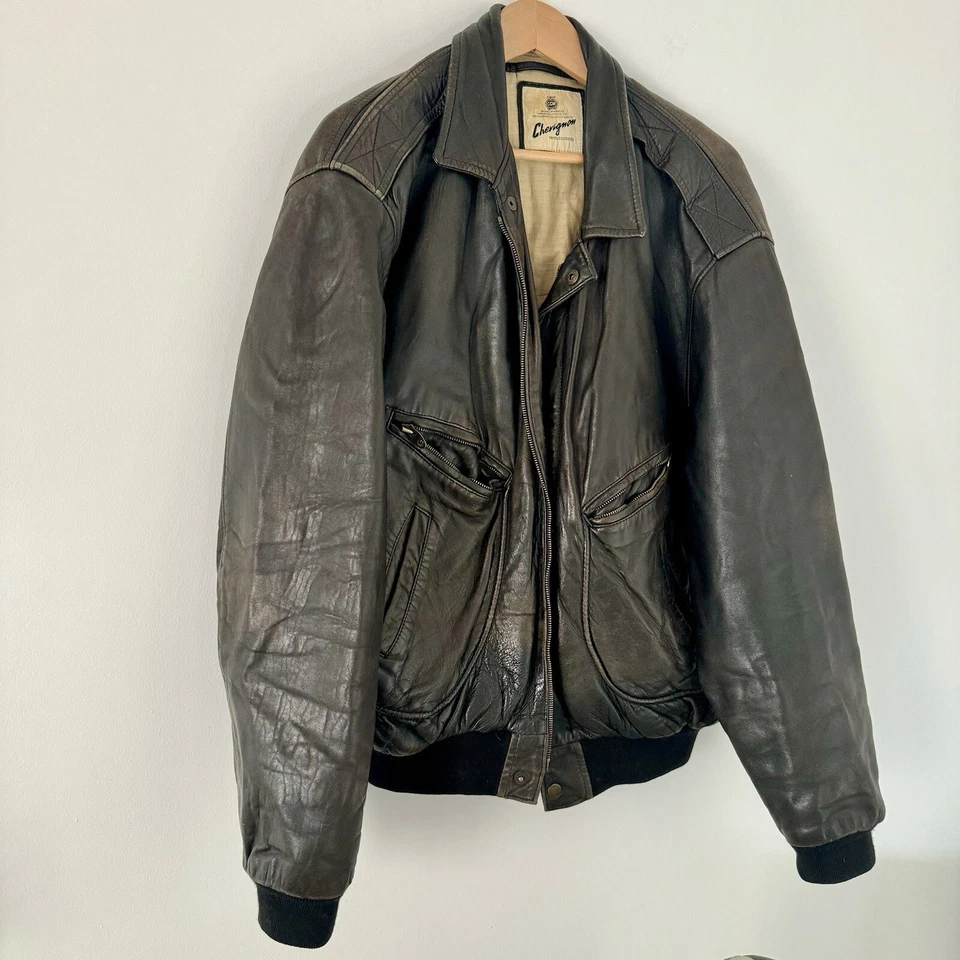 Chevignon Vintage 80’s Leather Bomber Flight Jacket Men’s Distressed Biker RARE - Image 4 of 4