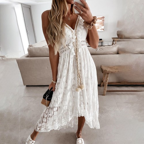 Reino Unido Mujeres Floral Encaje Verano Maxi Vestido Damas Suelto Vacaciones Solero Vestido de Playa - Imagen 6 de 13