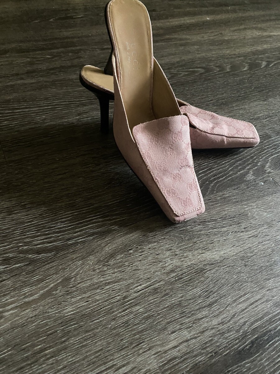 VINTAGE GUCCI Y2K EMBOSSED PINK JACQUARD LOGO HEEL MULE LOAFER SZ