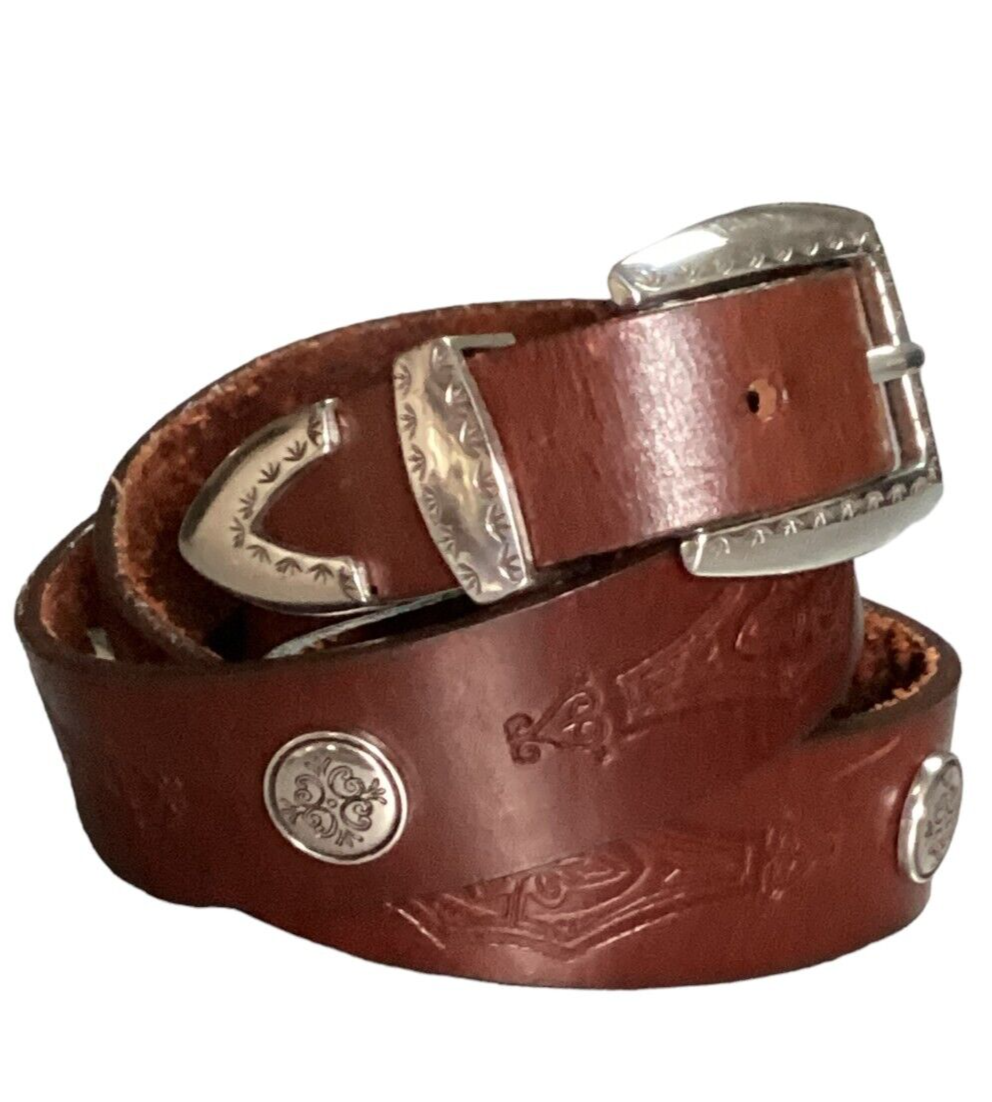 VTG Leegin USA 34-38 Western Belt Brown Hand Tooled Leather‎ Silver Conchos 29S Stetson Southwestern Tooled Concho Belt – Maverick Fine  main image 4