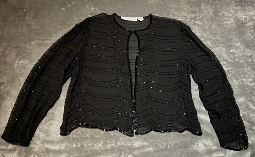 Vintage Scala Beaded Open Jacket Black 100% Silk Evening Formal Size XXL - Picture 6 of 10