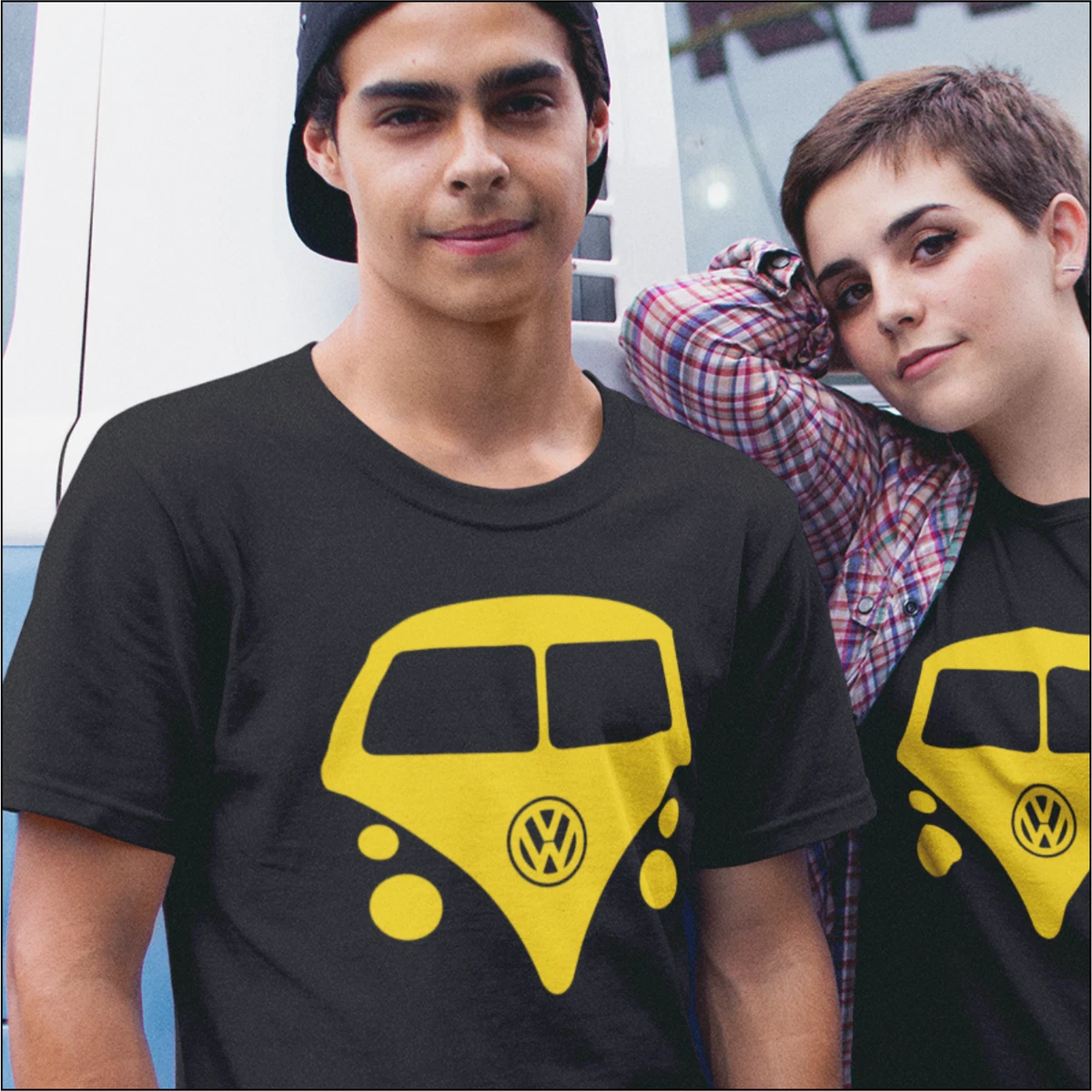 Retro Medium Black Vintage Motor Camper Van Outline Premium T shirt Yellow Print