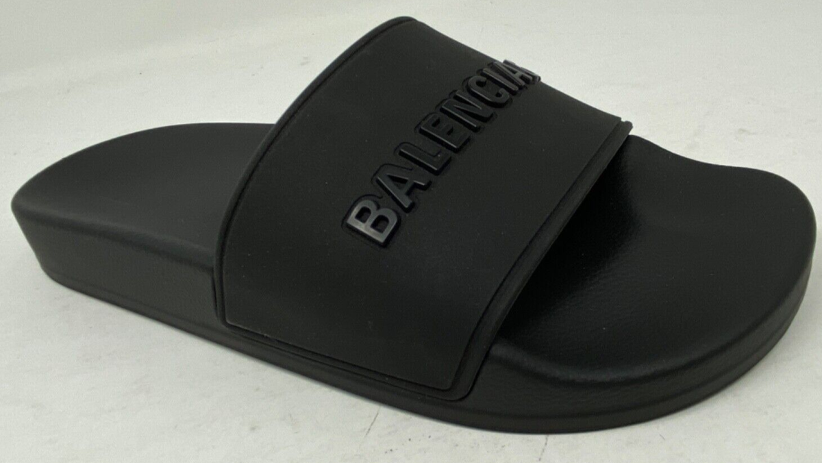 $375 Women's Balenciaga Logo Pool Slides Flat Sandals $375 Women's Balenciaga Logo Pool Slides Flat Sandals