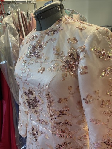 Pink FLORAL Sequence  LONG SLEEVE High Round Neck GOWN Size L, Handmade. - Picture 3 of 11