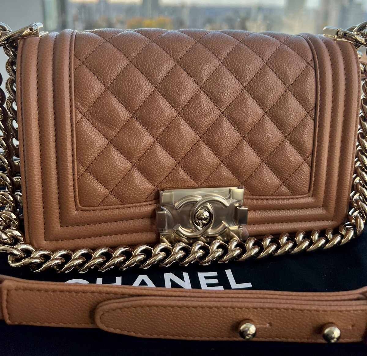 NIB CHANEL RARE MINI TAN LIGHT BROWN CARAMEL CAVIAR BOY BAG CHAMPAGNE HW  RECEIPT