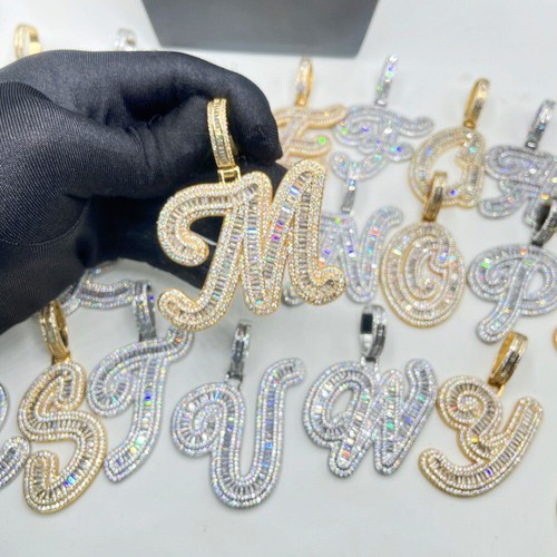 Hip Hop Custom A-Z Cursive Letters Pendant Necklace 5A T Zircon Mens Jewelry - Picture 17 of 25