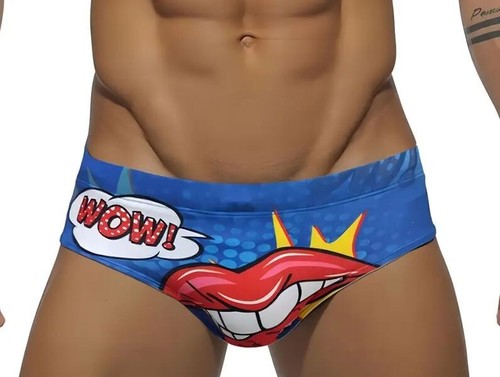 New Men's Sexy Strawberry Lips Bikini Style Swim Brief w/Contoured Pouch - Gay
